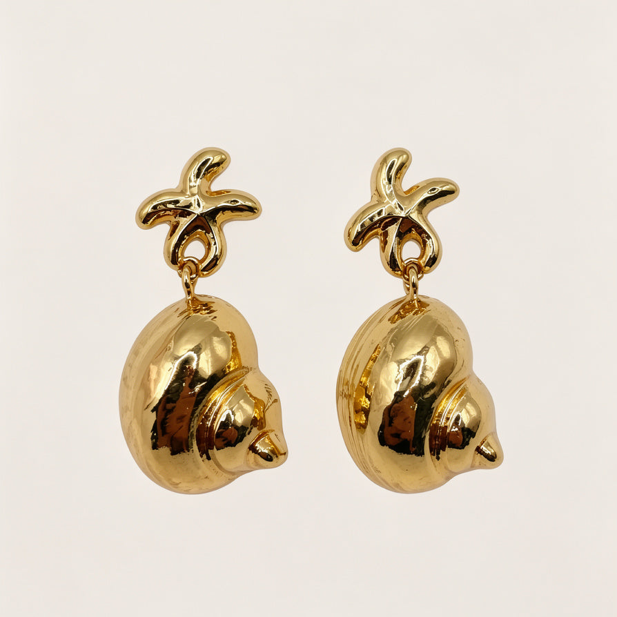 Pendientes de Estrella de Mar y Caracol Dorados | Joyería al por mayor B2B, Diseño Minimalista de Moda|JI JOYA