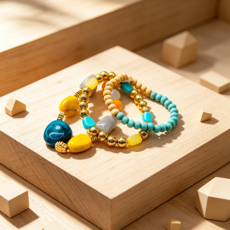 Set de 3 Pulseras Elásticas de Resina y Madera - Colores Turquesa/Amarillo - Joyería Boho al Por Mayor|JI JOYA
