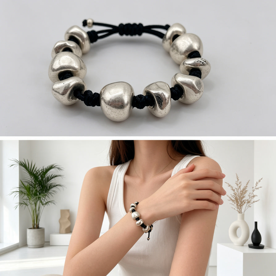 Pulsera de cuentas de metal plata en hilo negro｜Mayorista B2B｜Diseño Minimalista|JI JOYA