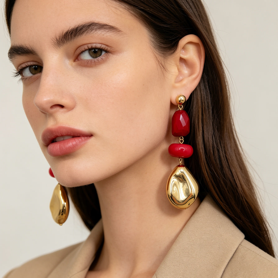 Pendientes de gota geométrica con piedras de colores y detalles dorados al por mayor, 3 colores disponibles|JI JOYA