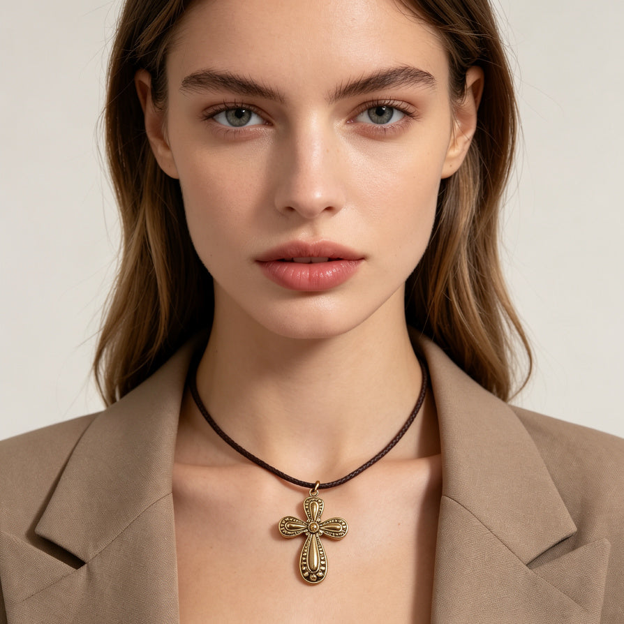 Collar Cruz Vintage de Metal Dorado/Plateado con Cordón de Cuero - Joyería al Por Mayor|JI JOYA