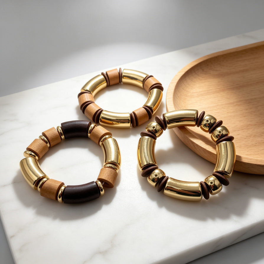 Pulseras de Madera y Oro Minimalistas | Bisutería Mayorista para Distribuidores|3 in 1|JI JOYA