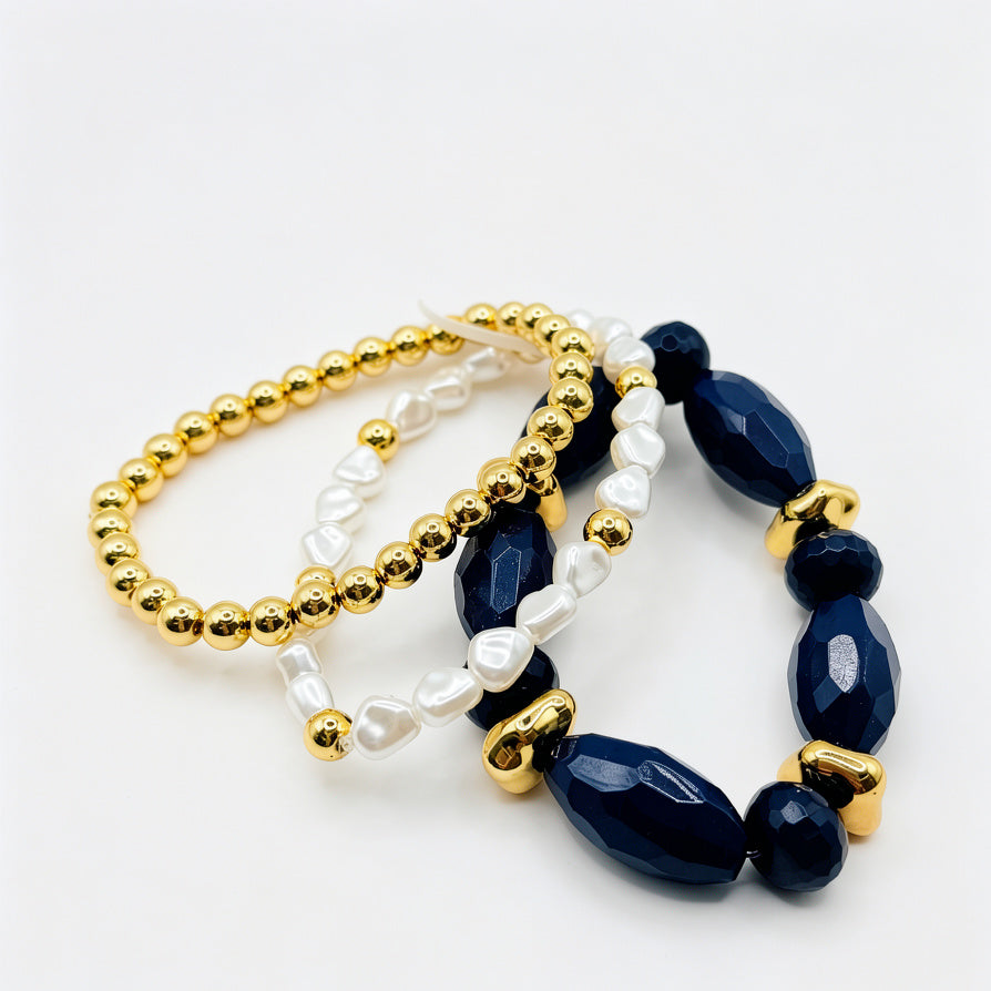 Pulseras de Perlas y Piedras de Colores - Set de 3 Piezas con Baño de Oro para Mujer | Joyería al Por Mayor|JI JOYA