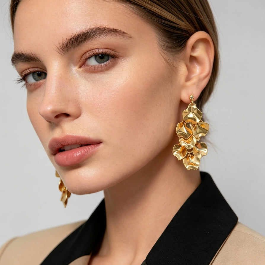 Pendientes de pétalos de metal dorado/plateado al por mayor | Diseño minimalista de lujo para mujer|JI JOYA