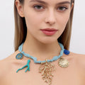Summer Seashell and Coral Necklace - Light Blue Fabric Necklace for Women, Boho Beach Jewelry|JI JOYA