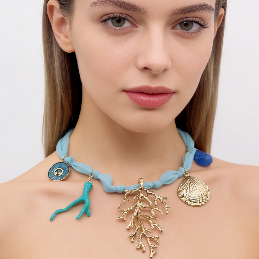 Collar de Verano con Concha y Coral - Collar de Tela Azul Claro para Mujer, Joyería de Playa Boho|JI JOYA