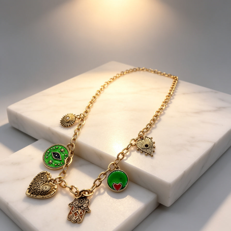 Collar Vintage de Mujer con Colgantes de Ojo Turco, Corazón y Mano de Fátima |JI JOYA