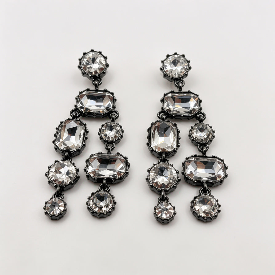 Pendientes Largos de Cristal Transparente, Diseño Vintage con Montura en Metal Negro, Bisutería de Moda al Por Mayor|JI JOYA