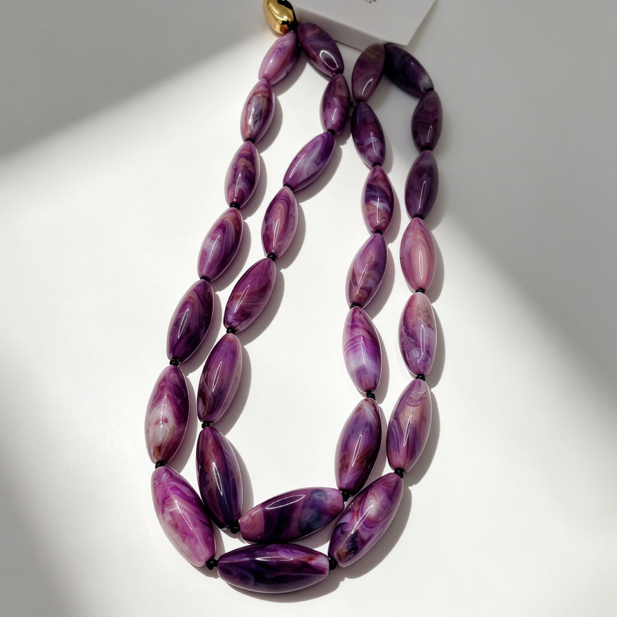 Set de Joyería al Por Mayor Collar Pulsera Pendientes, Cuentas Elípticas Marmoladas, 2 Tonos Morado y Azul Marino|JI JOYA