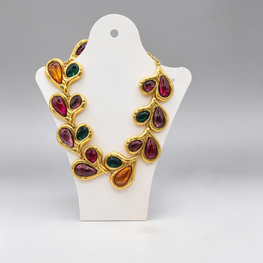 Set de Joyería Vintage Dorada con Piedras Multicolores | Collar + Pendientes + Cinturón - Venta al Por Mayor|JI JOYA