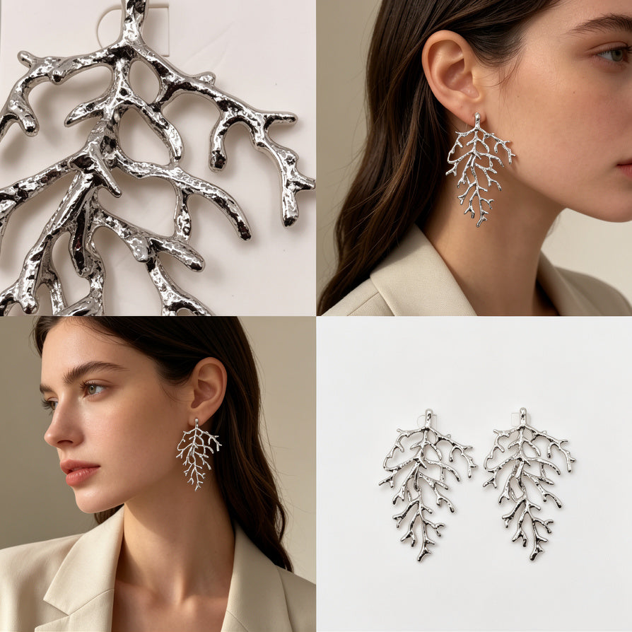 Pendientes Ramas de Coral Metálicos al Por Mayor | 2 Colores Oro y Plata, Diseño Texturizado Exclusivo|JI JOYA