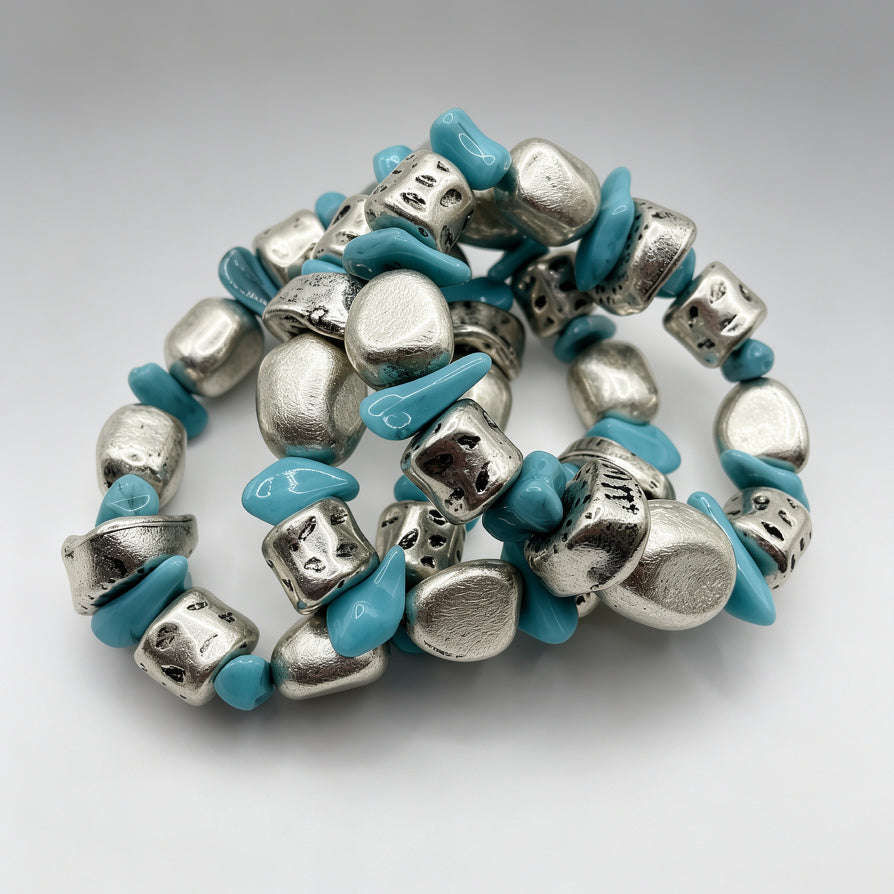 Pulseras de Piedra Irregular en Metal Dorado y Plateado, Set de 3 Unidades en Colores Turquesa, Rojo y Blanco | Bisutería al Por Mayor