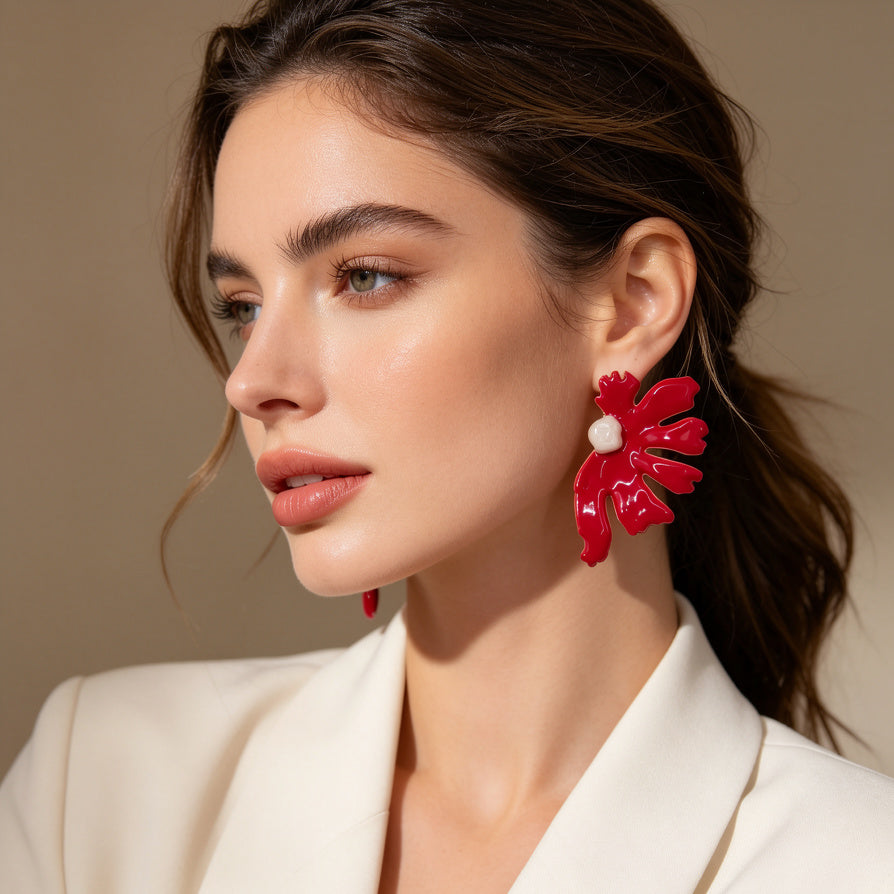 Pendientes de Flor de Esmalte con Detalle de Perla - 3 Colores | Joyería de Moda al Por Mayor|JI JOYA