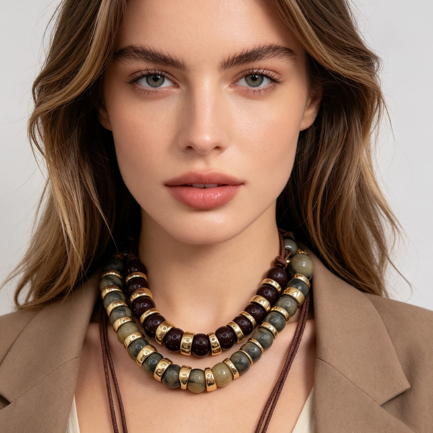Collares de Cuentas de Resina de Doble Capa con Detalles Dorados | Collares Llamativos de Moda para Mujer | Mayorista|JI JOYA