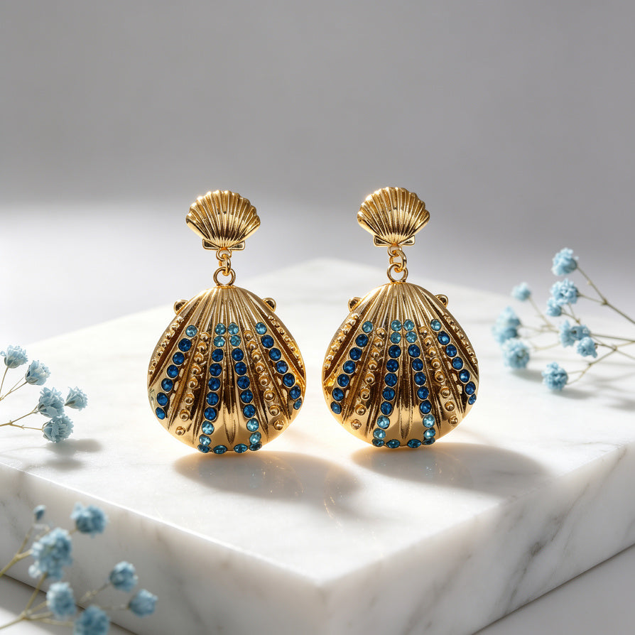 Pendientes de Concha Dorada con Cristales Azules | Joyería de Moda al Por Mayor|JI JOYA