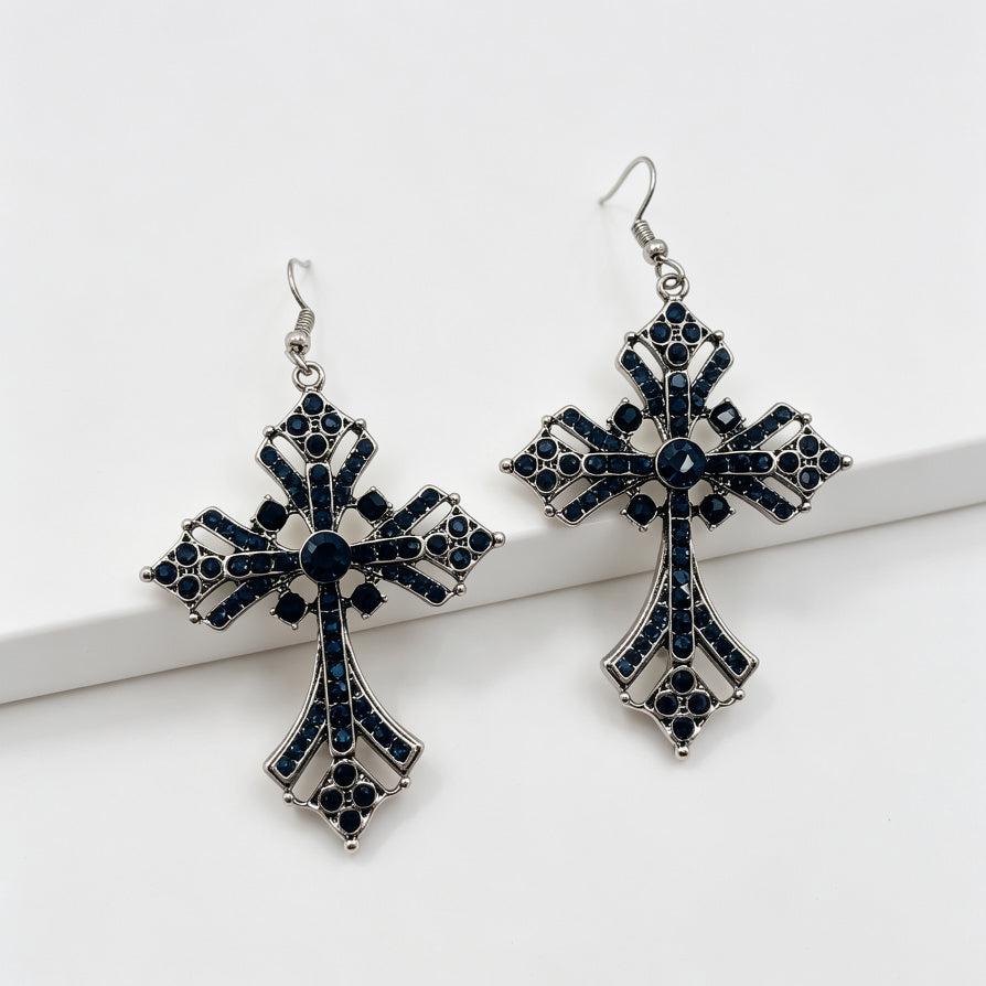 endientes de Cruz Vintage con Cristales Negros, Dorado/Plateado, Joyería de Moda al Por Mayor para Mujeres|JI JOYA
