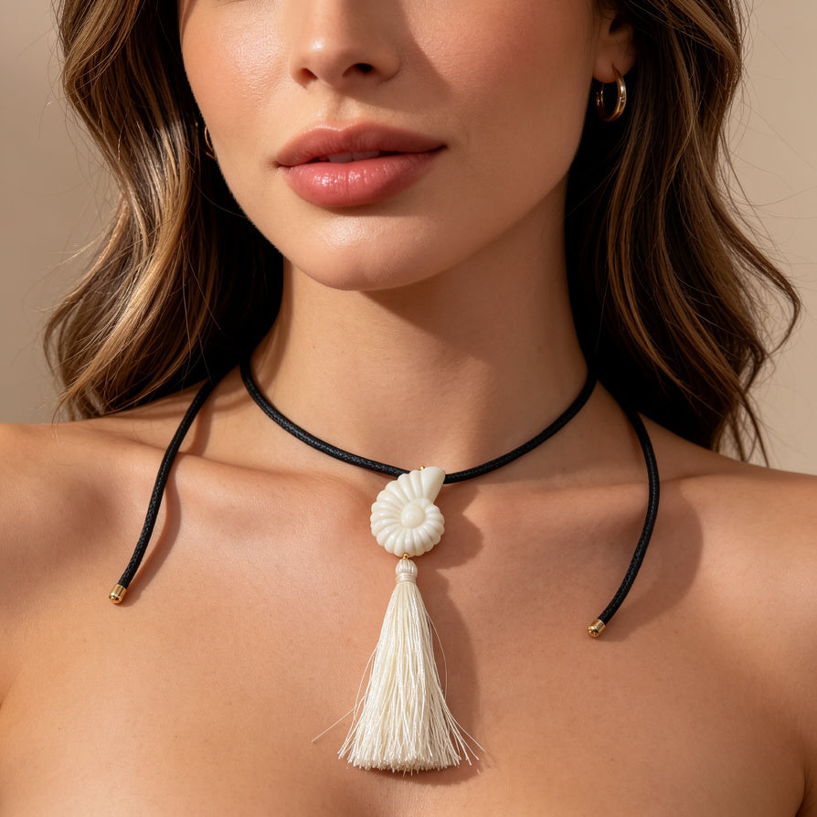 Collar Choker con Concha Nautilus y Flequillo - 3 Colores Disponibles | Venta Mayorista|JI JOYA