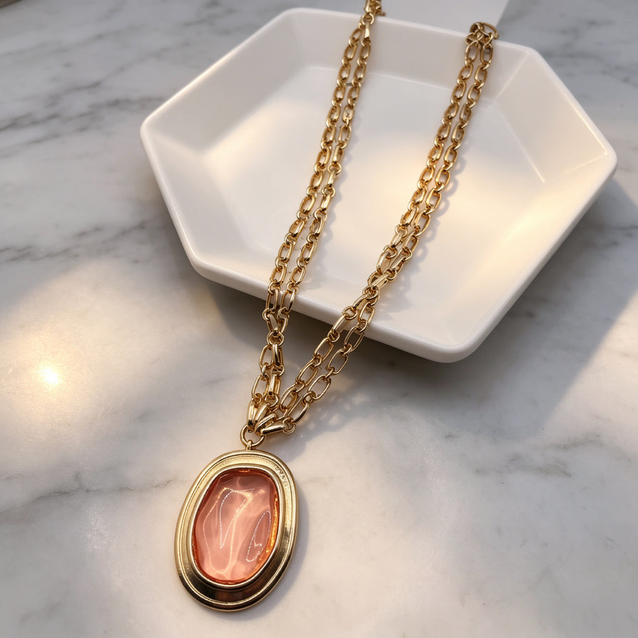 Collar de Cadena con Dije de Piedra Rosa en Oro - Joyería Elegante para Mujer|JI JOYA