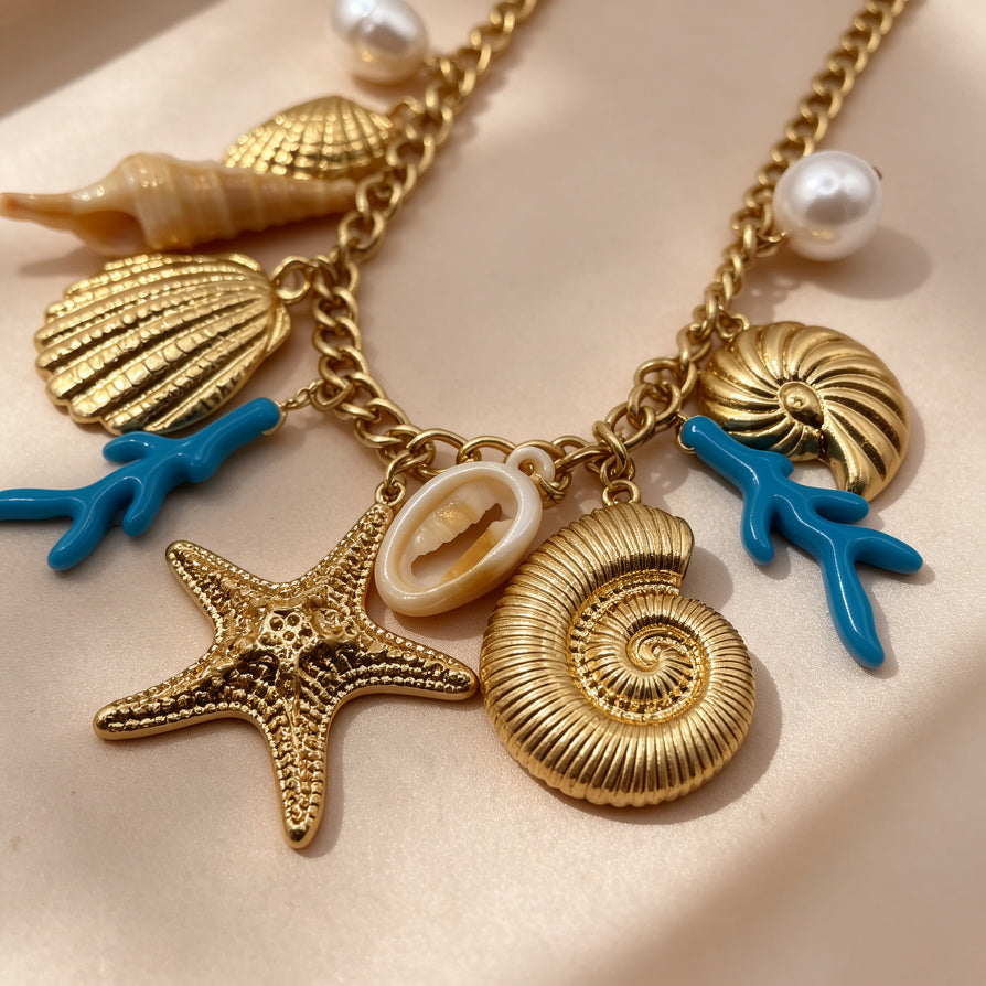 Collar Maxi de Mar con Perlas y Dijes de Concha - Joyería Boho Chic de Verano|JI JOYA