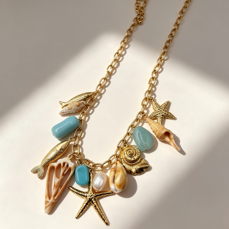 Collar de Charms Marinos con Conchas, Estrellas de Mar y Piedras Naturales - Joyería Boho para Mujer|JI JOYA