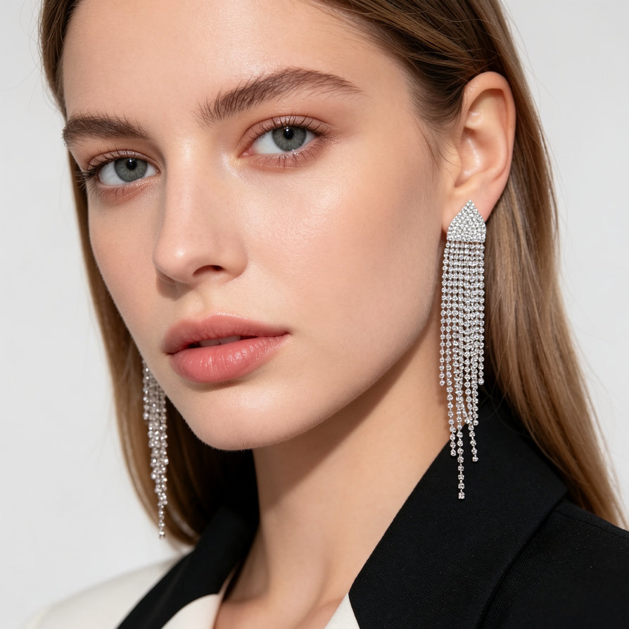 Pendientes de fleco con brillantes de cristal - Lujo minimalista para mayoristas|JI JOYA