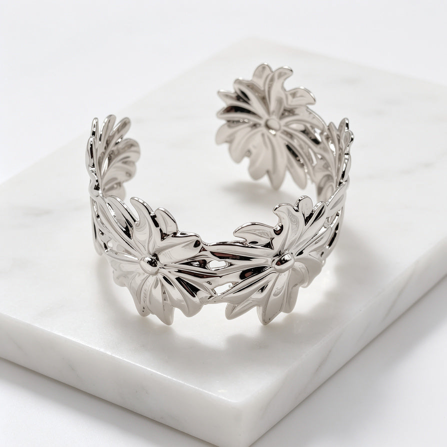 Brazalete Ajustable de Flores en Metal Chapado en Oro/Plata | Joyería Mayorista para Mujer|JI JOYA