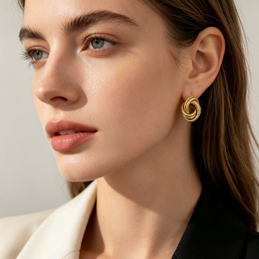 Pendientes Nudo Retorcido Metalico | Accesorio de Moda al Por Mayor, Diseño Unisex Oro y Plata|JI JOYA