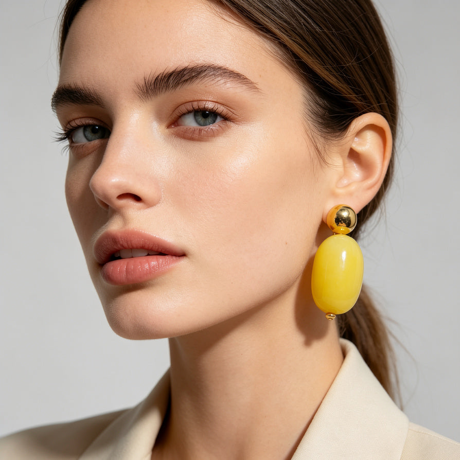 Set de Joyería de Resina Amarilla con Dorado, Pendientes + Collar + Pulsera | Venta al por Mayor|JI JOYA