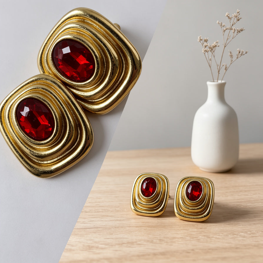 Pendientes Geométricos Vintage con Piedra Ovalada - Dorado/Plateado, Bisutería de Moda al Por Mayor para Mujeres|JI JOYA