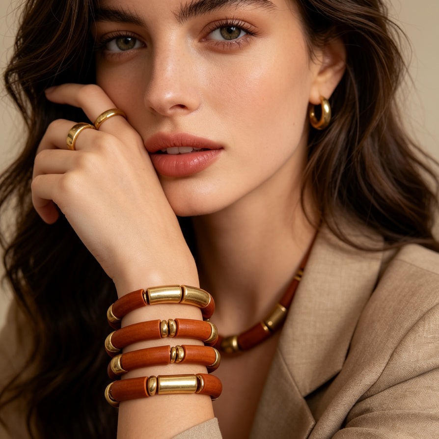 Pulseras Elásticas de Madera Natural y Detalles Dorados | Set de 3 Piezas para Venta al Por Mayor | Joyería Mayorista para Revendedores|JI JOYA