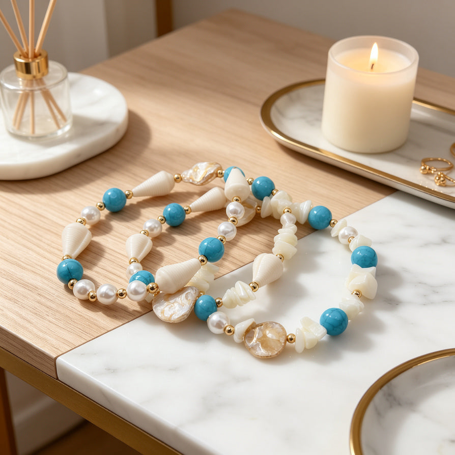 Pulsera de Cuentas de Concha y Turquesa - Venta al Por Mayor | Joyería de Moda Boho para Mujer| JI JOYA