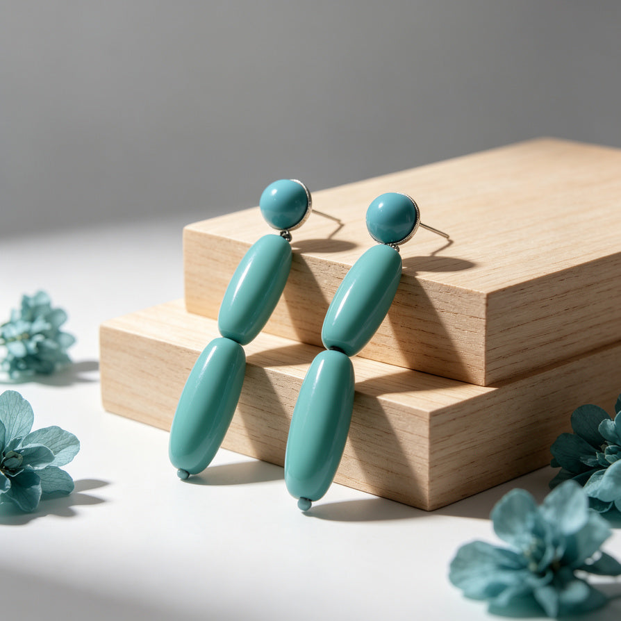 Pendientes Colgantes de Resina Ovalada - Largo Elegante, Blanco y Turquesa | Joyería al Por Mayor para Mujer| JI JOYA