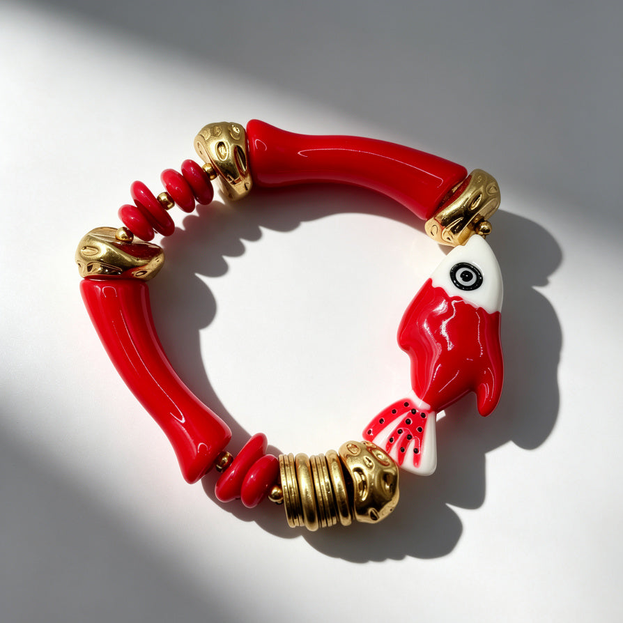 Pulsera Elástica con Diseño de Pez Rojo y Detalles Dorados | Joyería de Moda al Por Mayor|JI JOYA