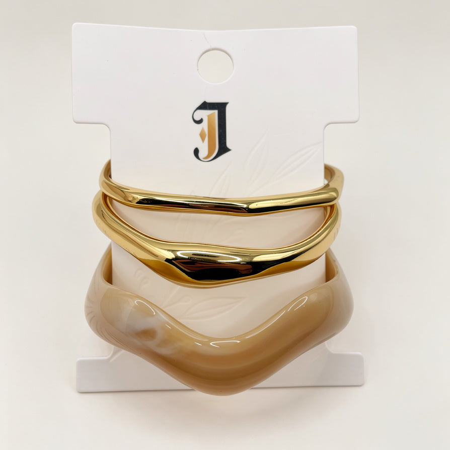 Set de 3 Pulseras Onduladas de Resina y Metal Dorado - Venta al Por Mayor|JI JOYA