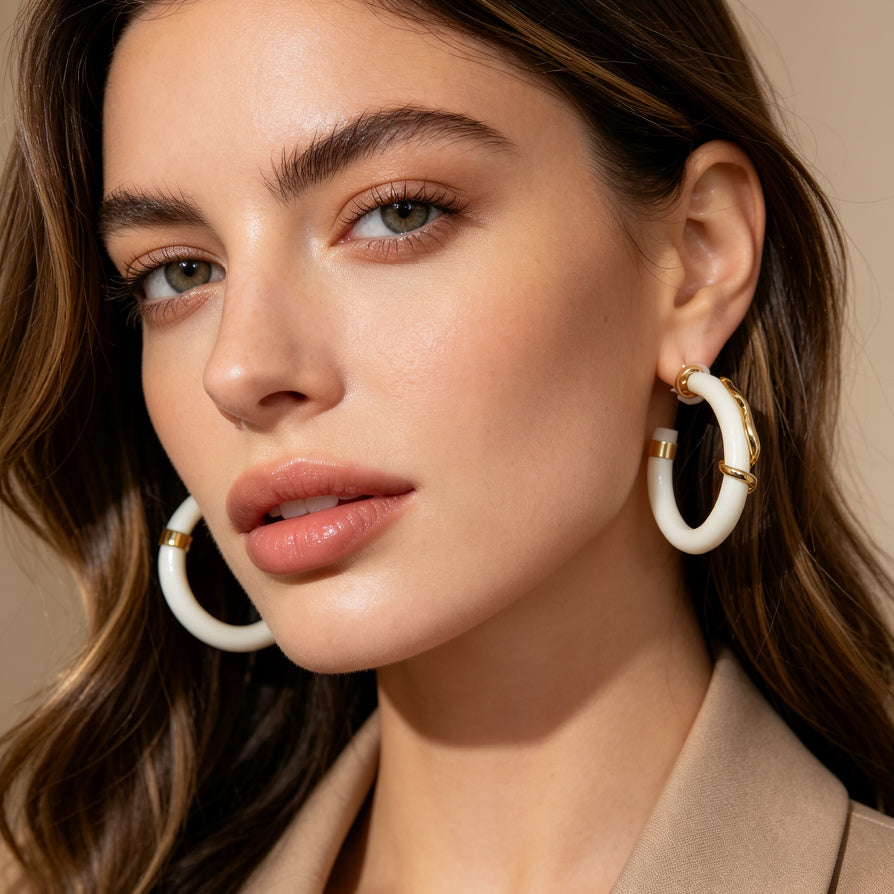 Español：Pendientes Aro Resina Elegante Con Detalles Dorados, Diseño Serpiente Minimalista | Joyería Mayorista Mujer|JI JOYA