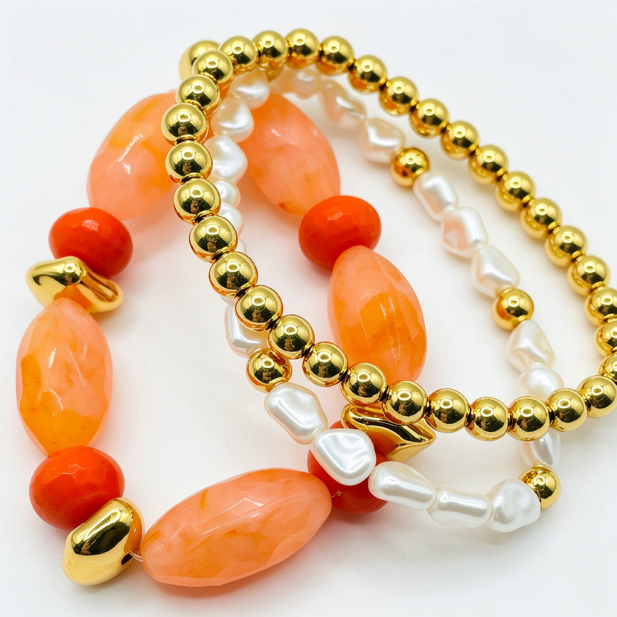 Pulseras de Perlas y Piedras de Colores - Set de 3 Piezas con Baño de Oro para Mujer | Joyería al Por Mayor|JI JOYA