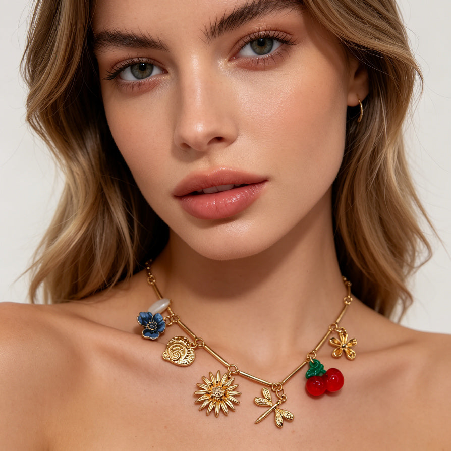 Collar Charms España - Cereza, Flor y Libélula - Joyería Artesanal para Mujer|JI JOYA