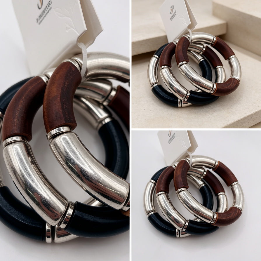 Pulsera elástica de metal y madera para mujer | Joyería de moda al por mayor | Diseño minimalista|JI JOYA