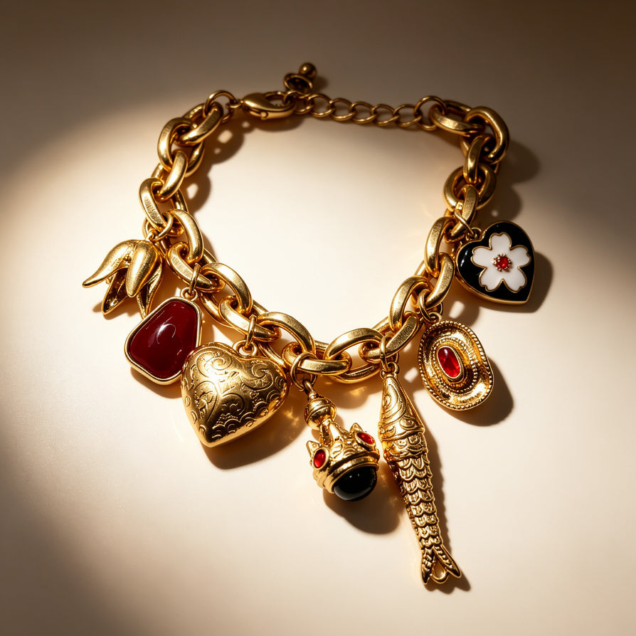 Pulsera de Charms Vintage con Piedras Rojas y Esmalte | Joyería al Por Mayor para Mujer|JI JOYA