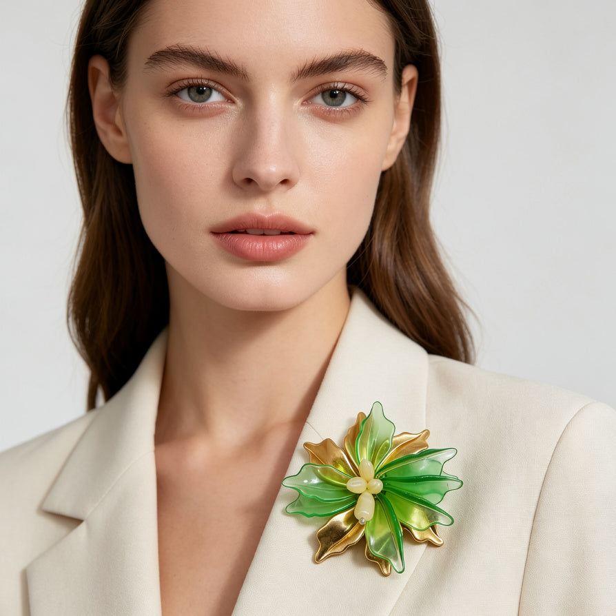 Broche de Flor Verde Transparente con Detalles Dorados, Accesorio de Moda para Mujer, Venta al Por Mayor|JI JOYA