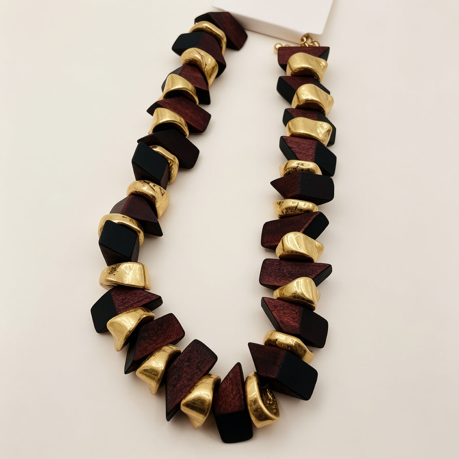 Set Collar Pulsera Geométrico Madera y Oro - Joyería Minimalista|JI JOYA
