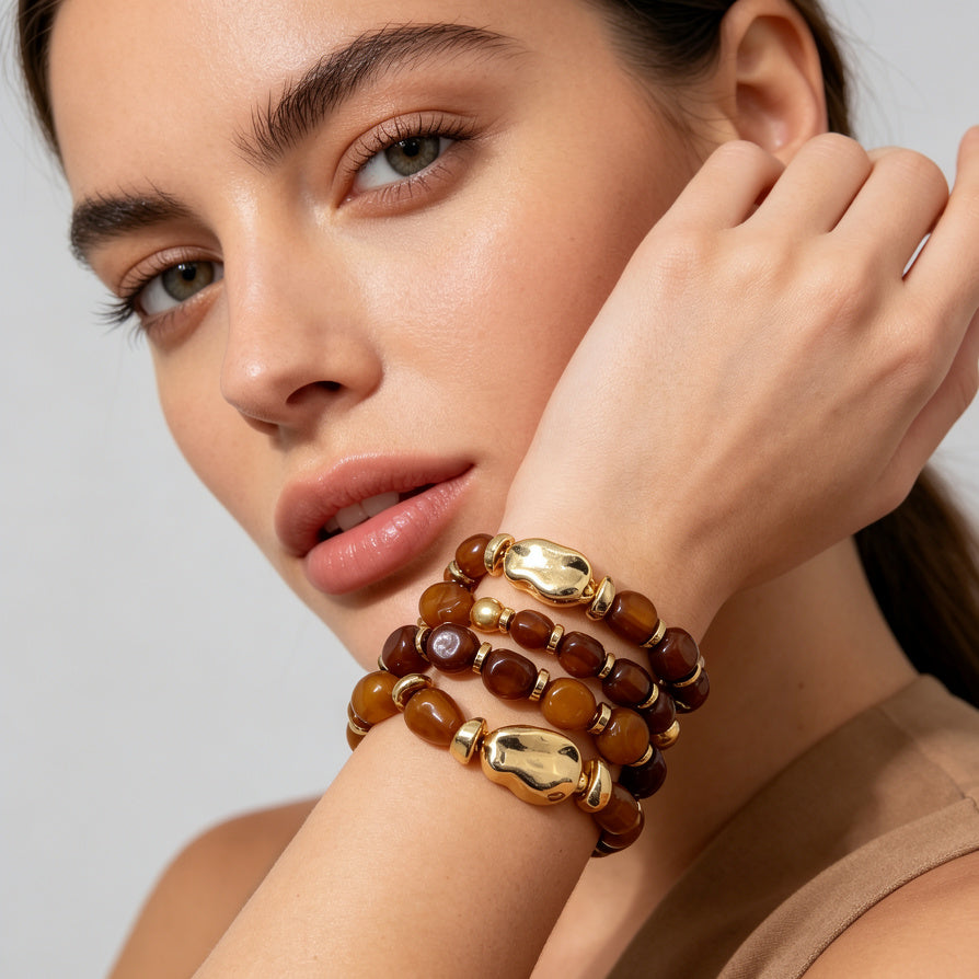Pulsera Elástica de Resina con Detalles Dorados - Mayorista | 3 Colores Disponibles|JI JOYA