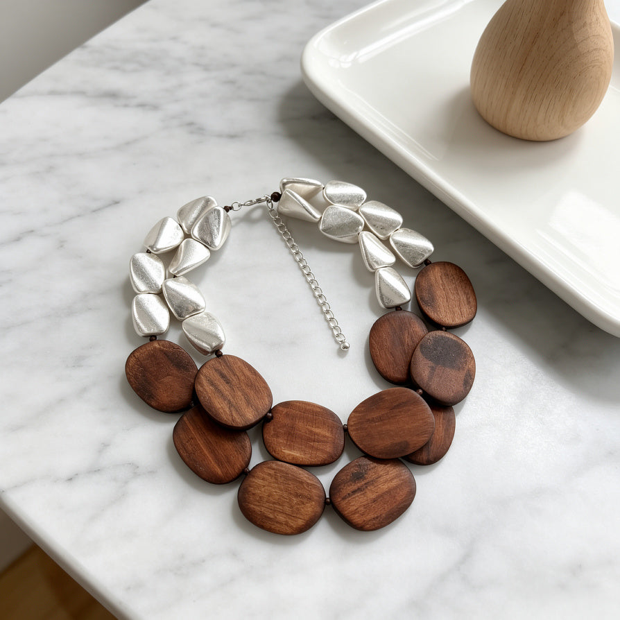 Collar de Madera y Metal Dorado/Plateado - Estilo Boho Minimalista para Mujer|JI JOYA