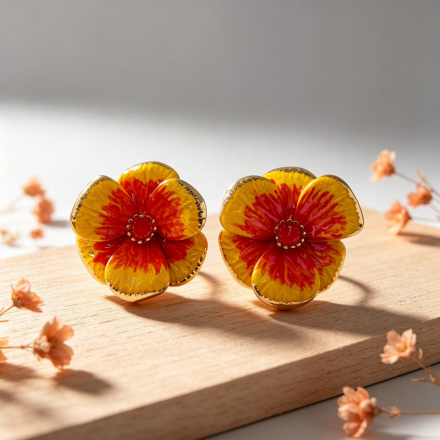 Aretes de Flor Grande con Esmalte Amarillo-Rojo | Joyería al Mayoreo para Mujer | Pendientes de Temporada| JI JOYA