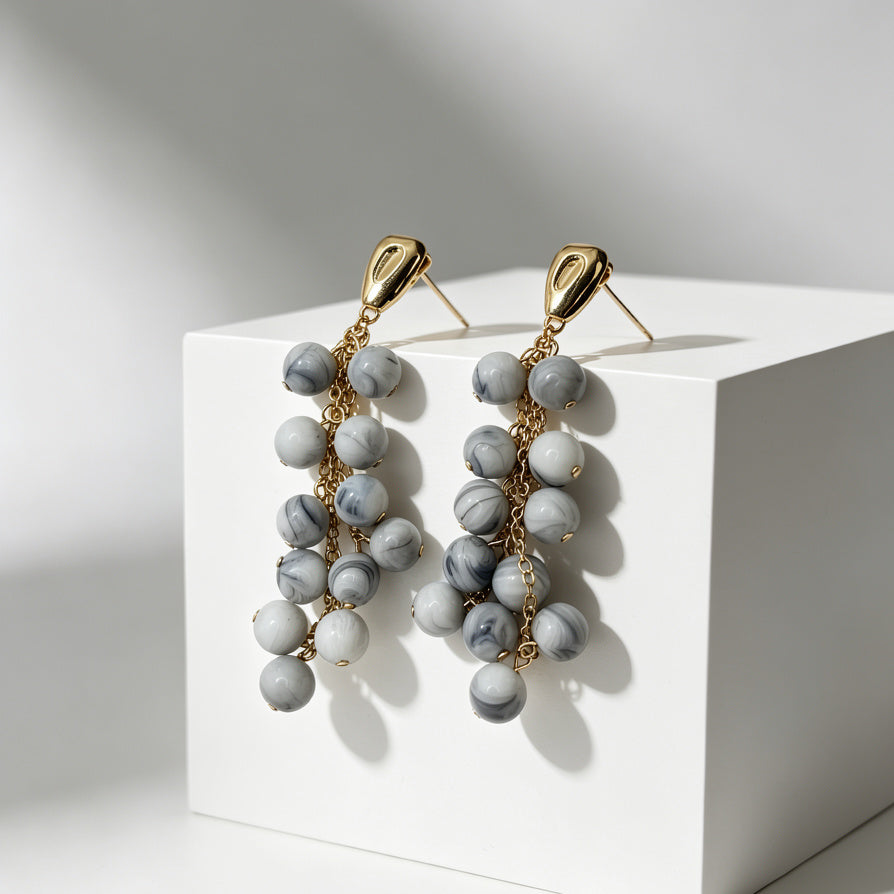 Pendientes de Borla con Cuentas de Resina - Diseño Largo Colgante Chapado en Oro - Joyería de Moda al Por Mayor para Mujer - 6 Colores Disponibles|JI JOYA
