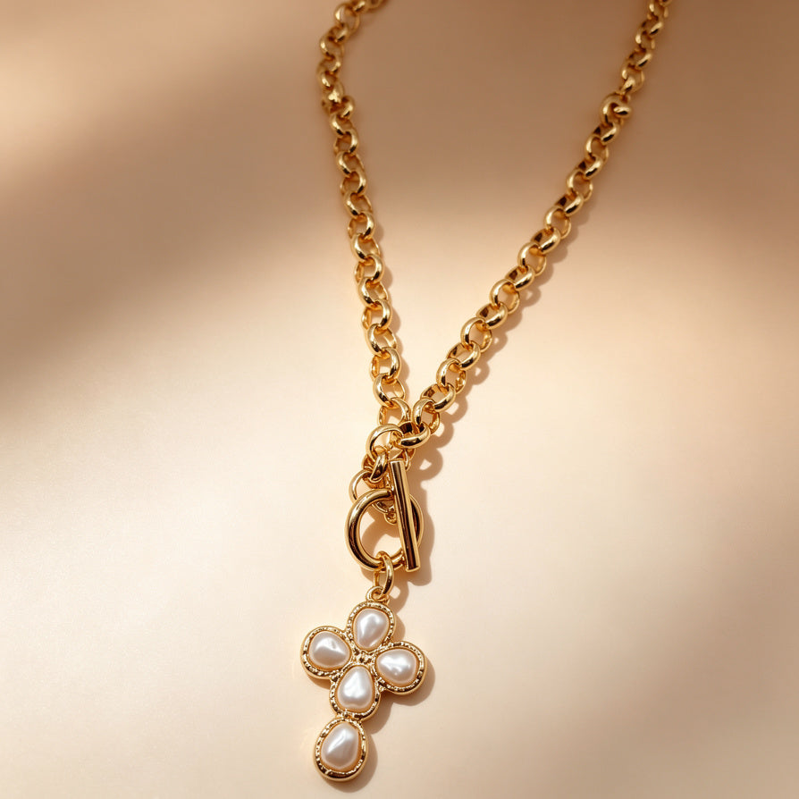 Collar Colgante Cruz de Perla (Oro/Plata)|JI JOYA