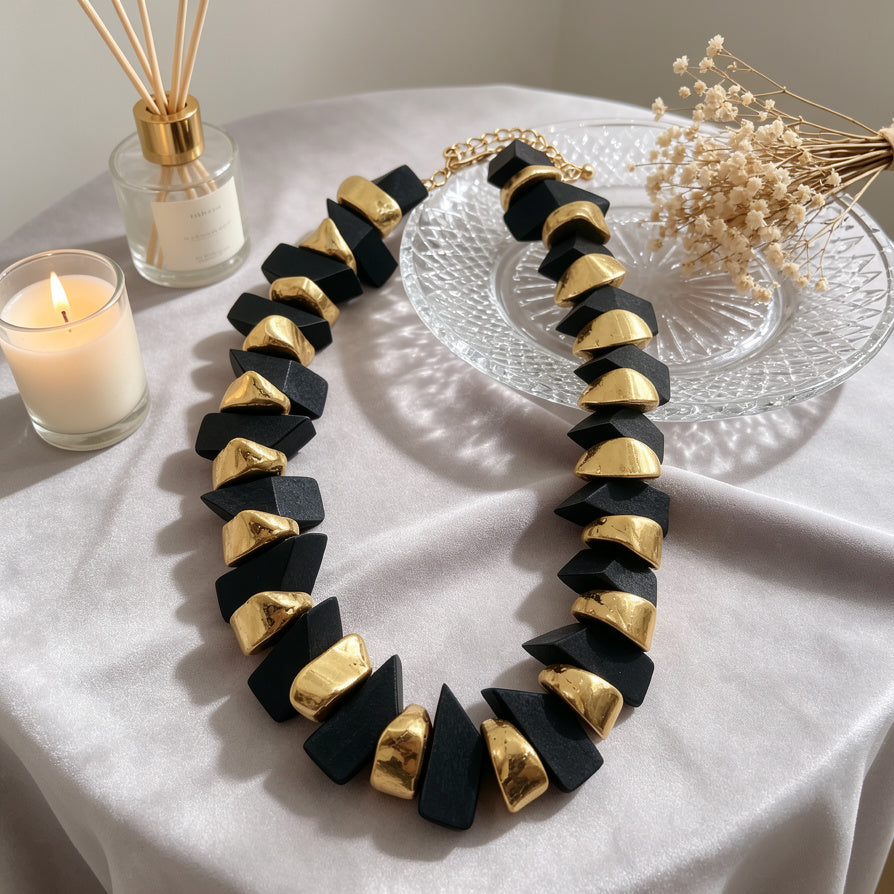 Set Collar Pulsera Geométrico Madera y Oro - Joyería Minimalista|JI JOYA