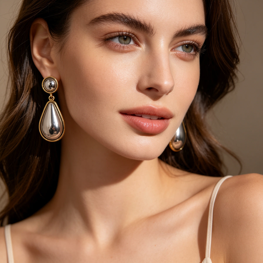 Pendientes de Gota Doble Color Oro/Plata - Bisutería de Aleación de Zinc al Por Mayor - Elegantes y Versátiles para Mujer|JI JOYA