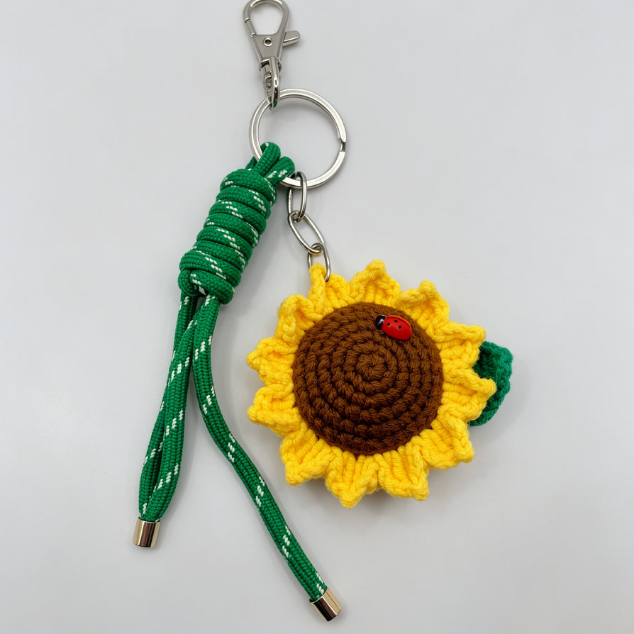 Llavero de Girasol Tejido a Mano, Llavero de Crochet con Mariquita, Accesorio para Bolsa y Llaves, Mayorista|JI JOYA
