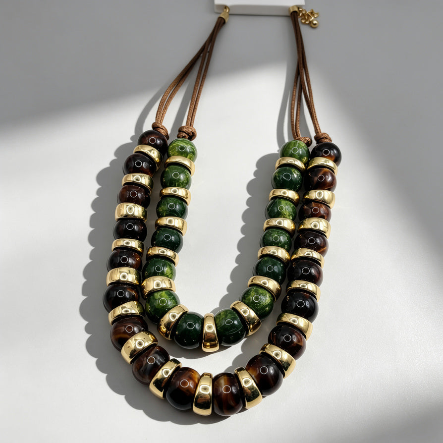 Collares de Cuentas de Resina de Doble Capa con Detalles Dorados | Collares Llamativos de Moda para Mujer | Mayorista|JI JOYA